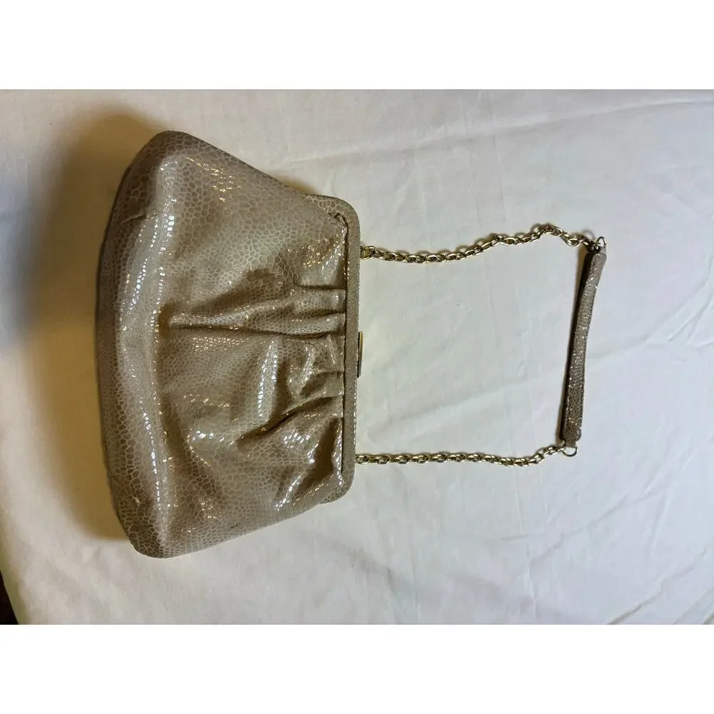 Y2K HOBO The Original Leather Frame Clutch Taupe Snakeskin Embossed Evening Bag